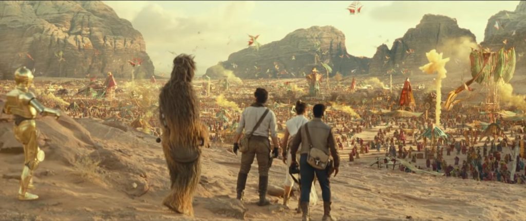 C-3PO (Anthony Daniels), Poe (Oscar Isaac), Finn (John Boyega), Rey (Daisy Ridley), y Chewbacca (Joonas Suotamo) en Star Wars: Episode IX - The Rise of Skywalker (2019)